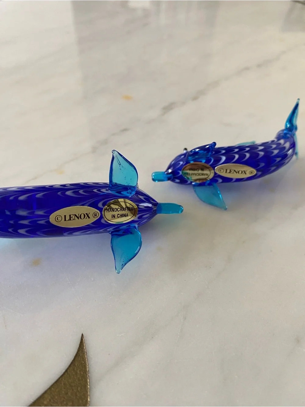 Lenox Art Glass Dolphin Figurine Set (2) Cobalt Blue Glass